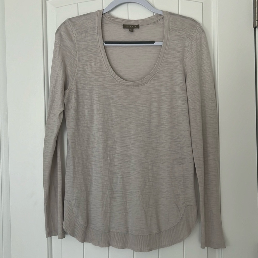 Lila P scoopneck, long sleeve, lightly, tan/off white, , stretchy, size Medium - Picture 6 of 6